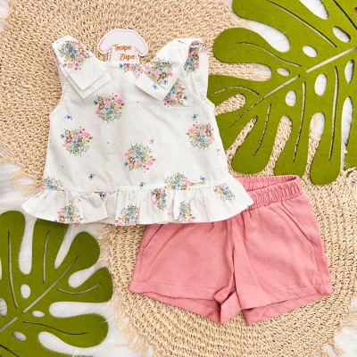 Conj. Batinha Buquê de Flores Coloridas e Short - Off White e Rose